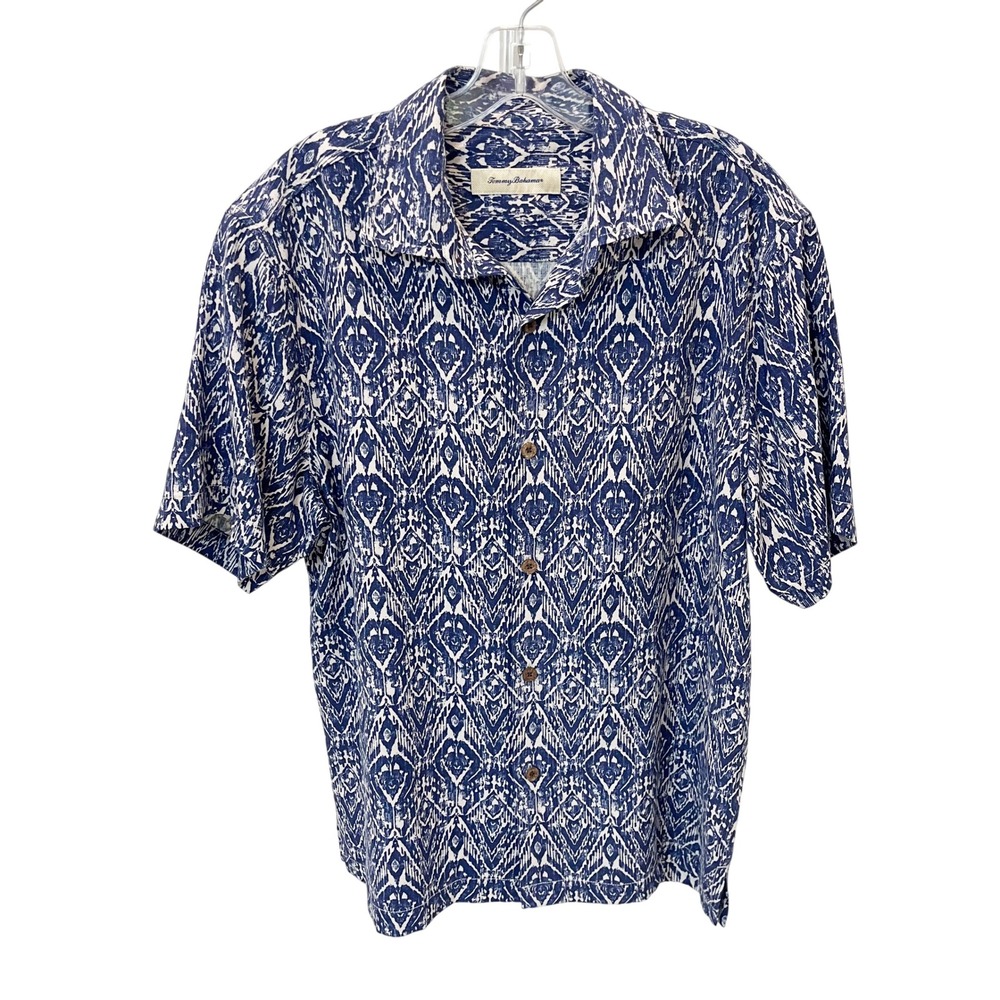 Tommy Bahama Silk Hawaiian Shirt Blue White Ikat Diamond Camp Button Mens Medium